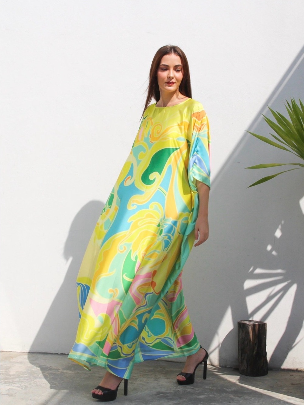 Women’s Yellow Multicolor Silk Blend Kaftan